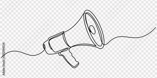 Megaphone in one line art style, Megaphone continuous one line art drawing communication loudspeaker vector illustration, Black and white megaphone illustration with wave elements. No editable strokes