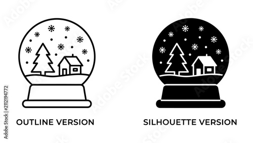 Winter Scene Snow Globe: Two illustrative snow globes, one an outline version and the other a silhouette, depict a charming winter scene with a small house and pine tree under falling snowflakes.