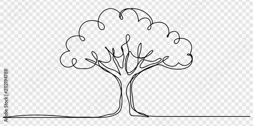 one continuous line drawing of a minimalist tree modern botanical illustration, Continuous one line drawing green tree fertile on white background, trees for decorating gardens, park, forest.
