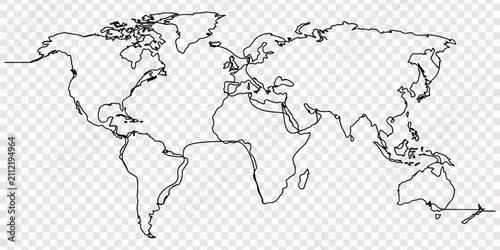 Earth globe continuous line drawing vector illustration world map one line art minimalist modern design concept, World map with earth continents in continuous one line drawing style