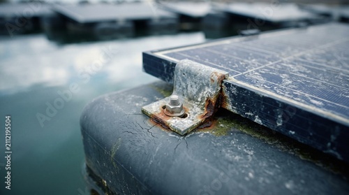 Solar panel mounting bracket exhibits significant rust and weathering damage while positioned on a floating platform structure over a calm body of water.