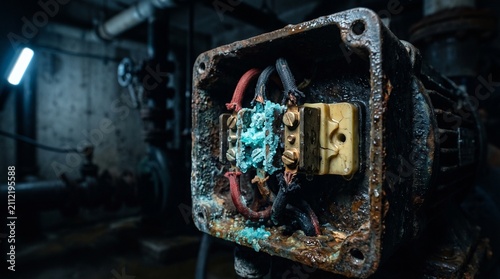 Electric motor terminal box shows severe corrosion with oxidized wiring and electrical components requiring immediate maintenance in an industrial facility setting.