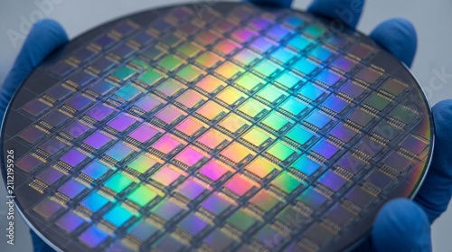 Silicon wafer held by gloved hands displays an iridescent grid of microchip processors in a high-tech manufacturing laboratory.