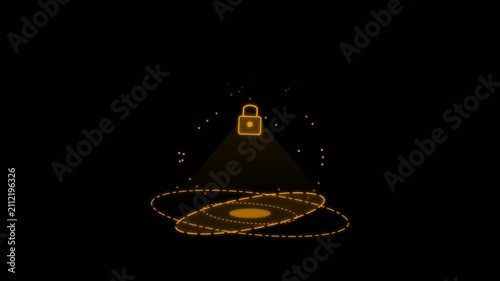 Abstract Digital Security Concept with Glowing Padlock and Rotating Orbital Rings Animation.
