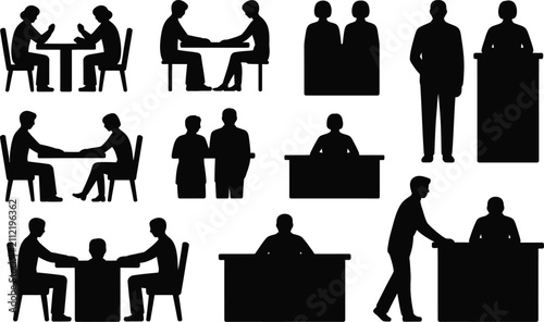 Foto Collection of business people silhouettes in various office meeting and professi