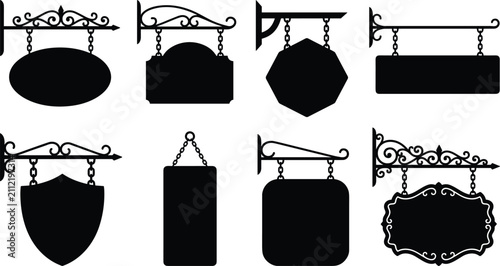 Cuadro en lienzo Vintage hanging sign silhouettes and decorative wrought iron brackets vector col
