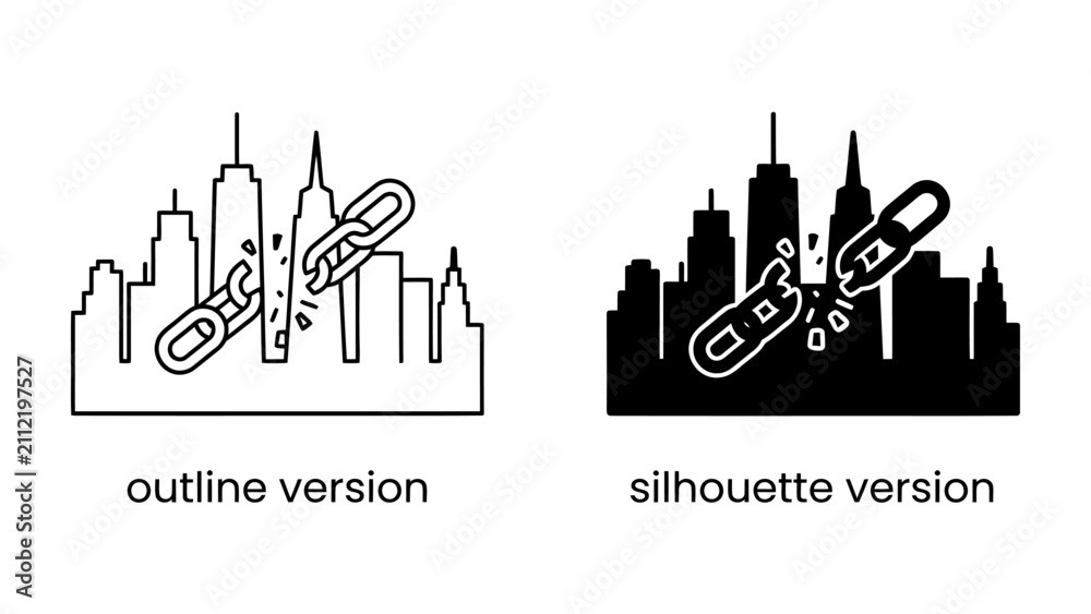 Fototapeta premium Broken Chain Over Cityscape: A symbolic representation of a broken chain overlaying a city skyline, depicted in both outline and silhouette styles, suggesting themes of freedom or disruption.