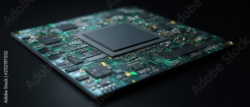 Close up of modern computer microchip on circuit board with dark background and copy space for technology branding and advertising concepts.