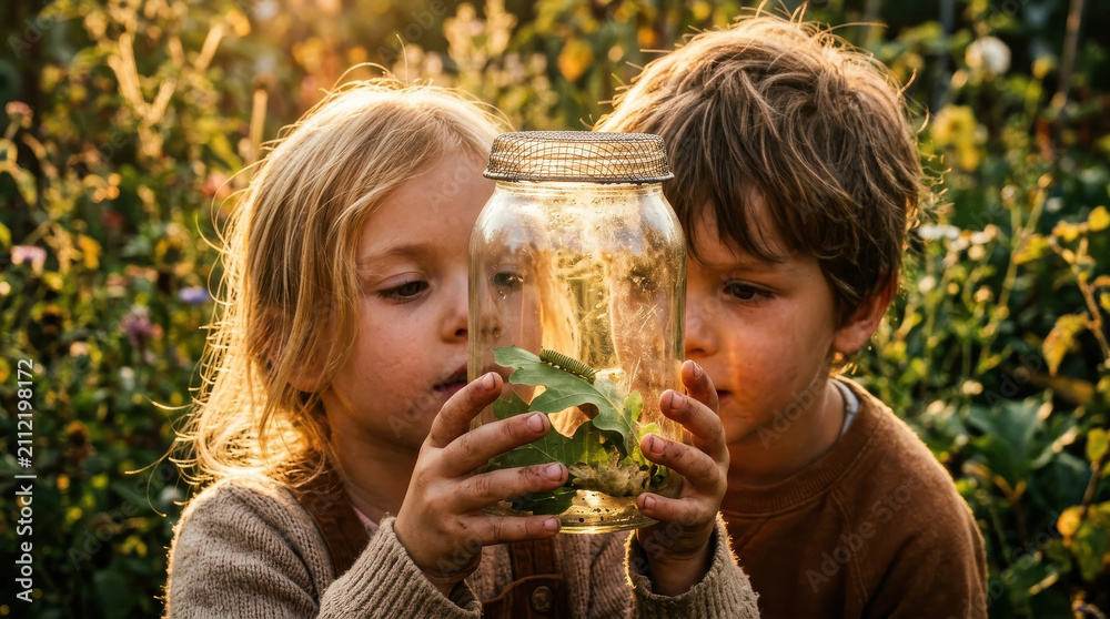Fototapeta premium Child caterpillar jar nature curiosity garden leaf insect held by two young children observing wildlife in warm sunlight with gentle wonder