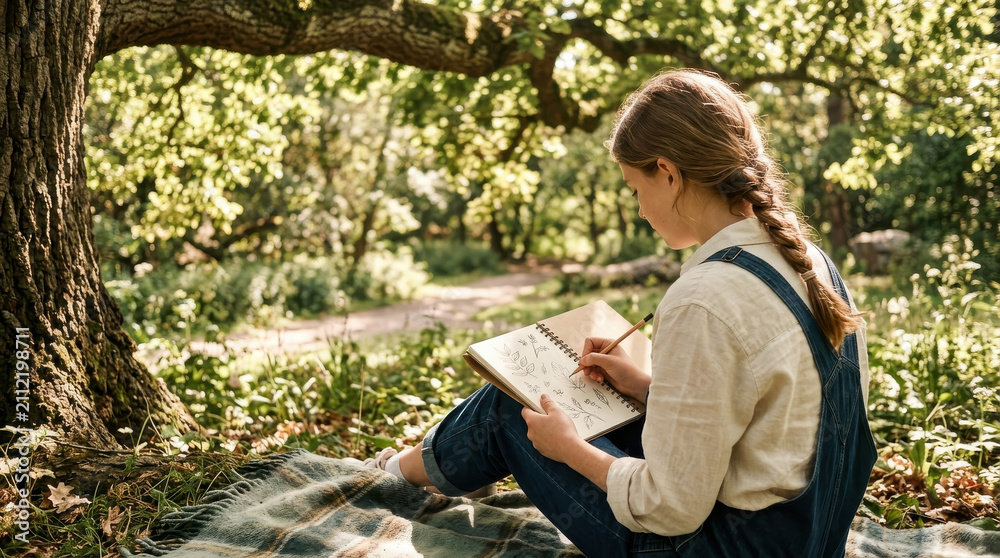 Fototapeta premium Teenage girl sketching tree nature park pencil notebook sitting outdoor calm creativity sunlight blanket path under shade drawing in peaceful wooded garden