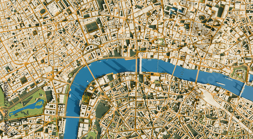 3D render of a London city map. 3D illustration of a top view of London, England.