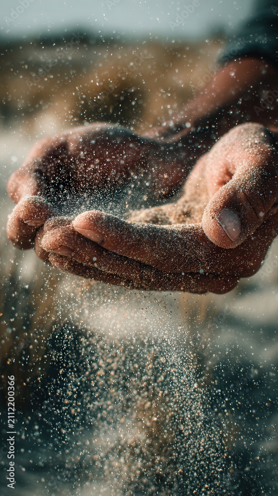 Fototapeta premium Close up of human hands letting sand fall in the air, symbolizing time, change, and letting go, with soft background and copy space for text.