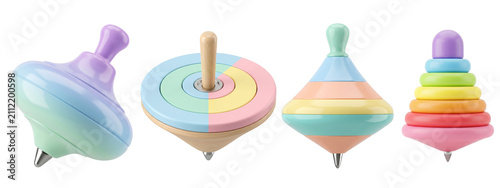 Colorful spinning top toys featuring pastel shades and wooden textures displayed in a creative collection isolated on transparent background