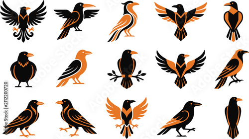 Konstfotografi Collection of artistic raven and crow illustrations in various poses isolated on