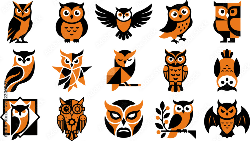 Fototapeta premium Set of cute cartoon owls for haloween party decorations and festive autumn season design elements on white background
