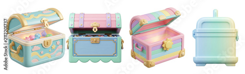 Colorful treasure chests featuring glowing gems and pastel artistic designs created as stylized three dimensional assets isolated on transparent background