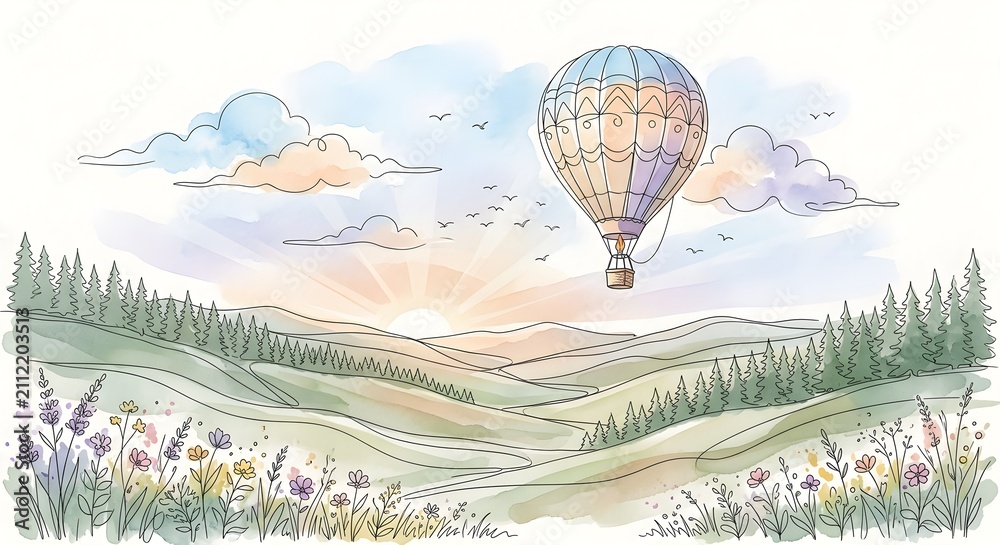 Obraz premium Floating hot air balloon drifting over scenic landscape. Minimalist watercolor aerial travel illustration with soft pastel tones.