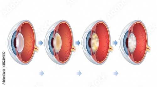 Anatomical diagram of the stages of maturation of cataracts of the human lens in section, demonstrating a gradual loss of transparency.