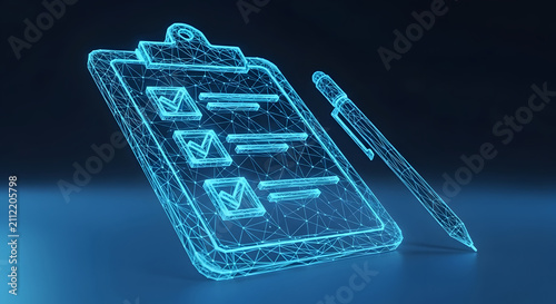 Digital glowing clipboard with checkmarks and pen, futuristic wireframe survey icon, blue holographic task management and data collection concept
