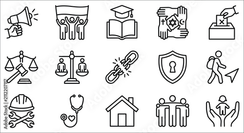 Bild auf Leinwand Collection Of Line Icons Representing Various Concepts Including Justice Educati
