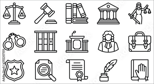 Foto Legal icons set black line style on a white background depicting justice and law