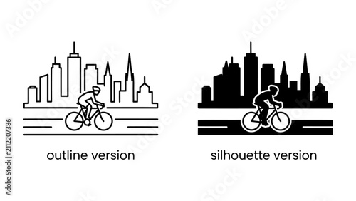 Foto Urban Cyclist Duo: Two distinct graphic representations, one an outline and the other a silhouette, depict a cyclist navigating a city skyline, showcasing the dynamism of urban cycling