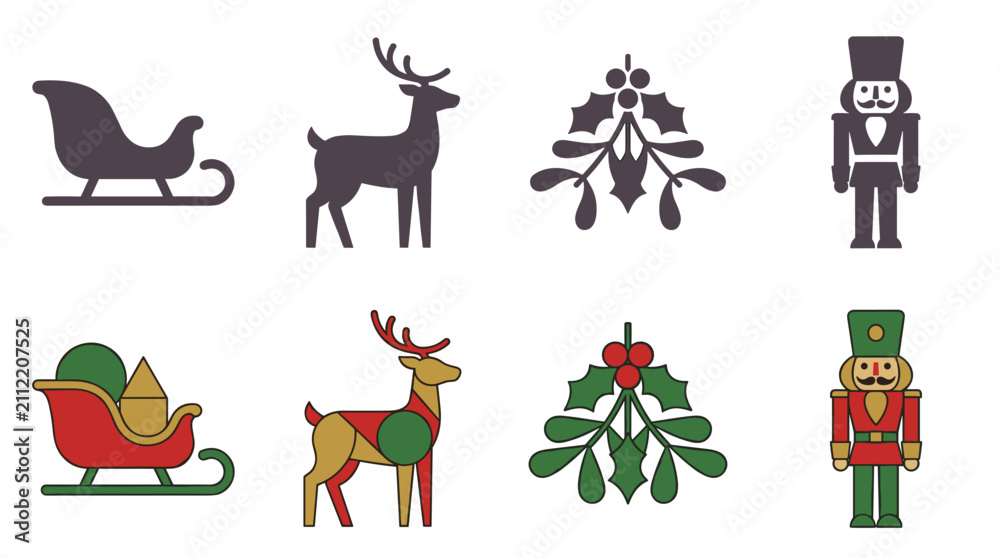 Fototapeta premium Christmas Icons Set Sleigh Deer Holly Nutcracker Vector Graphics