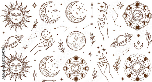 Set of celestial and mystical vector elements featuring celestial sun faces crescent moons planets constellations moon phases and witchy hands line art illustration isolated on white background.