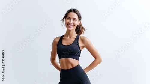 Smiling athletic young woman in black activewear posing on white background