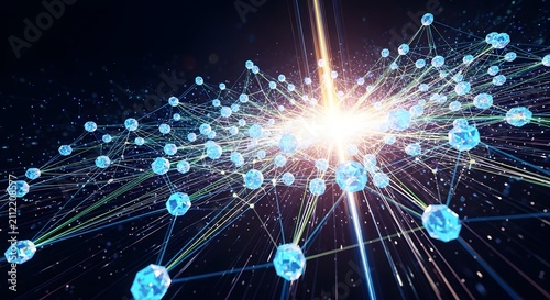 Abstract digital network with glowing central light and interconnected blue nodes.