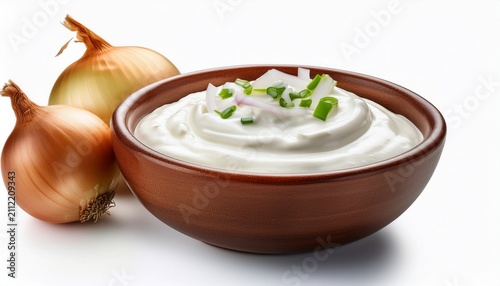 Sour Cream With Onion In Bowl Isolated On White Background Classic White Dip