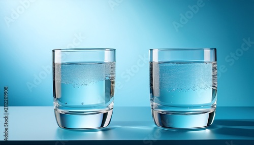 Two Clear Glasses Full Of Refreshing Water Against A Soft Blue Background