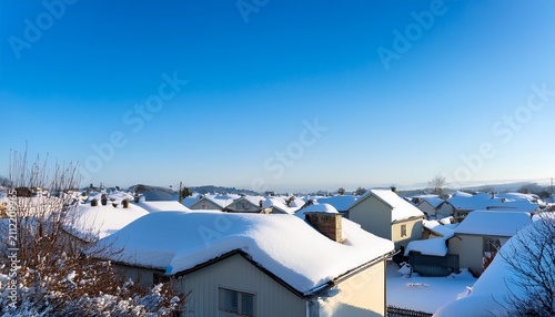 Snow Covers Roofs In A Winter Scene With Clear Blue Sky Above