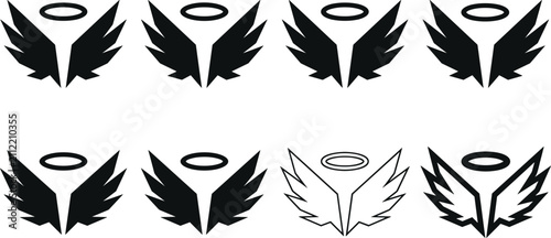 Angel wings with halo vector icon set showing black silhouette and line art heraldic logo design collection