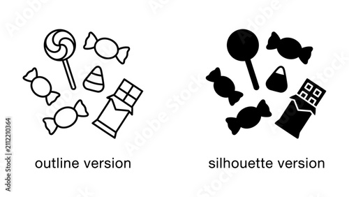 Obraz na plátně Confectionery Collection: A delightful assortment of sweet treats, including a swirled lollipop, wrapped candies, a chocolate bar, and a candy corn, presented in both outline and silhouette styles