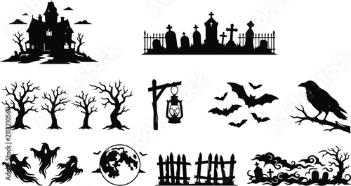 Set of black silhouette icons for halloween featuring haunted houses graveyards trees bats ghosts and spooky elements