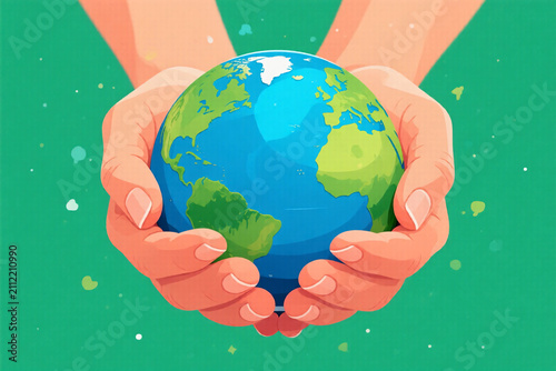 Stylized Cartoon Illustration of a Pair of Hands Gently Holding a Bright Blue and Green Planet Earth