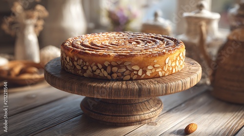 Scottish Dundee cake with golden brown crust topped with concentric circles of almonds