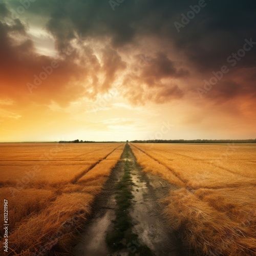 A metaphorical crossroads with two diverging paths under the golden hour sky.