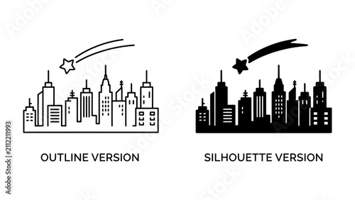 Фотография City Skyline with Shooting Star Icons: Two stylized representations of a city skyline, one in outline and the other as a silhouette, feature a shooting star streaking across the sky
