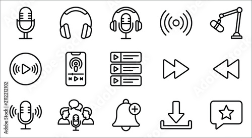 Fotografie Podcast Equipment Icons Black Line Art On White Background audio broadcasting co