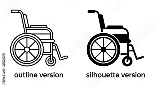 Wheelchair Icons: Outline and silhouette versions of a wheelchair represent accessibility and mobility aids, essential for individuals with physical challenges.