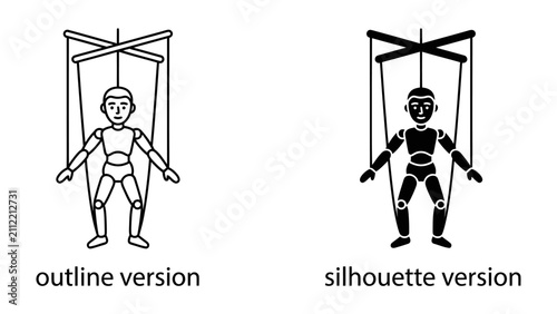 Obraz na płótnie Marionette Puppet Control: Two distinct representations of a marionette puppet, one as an outline and the other as a solid silhouette, suspended by strings