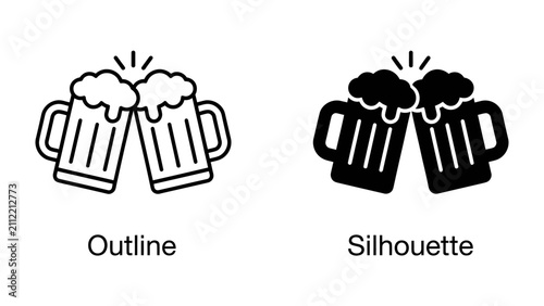 Quadro su tela Cheers to Good Times: Two stylized beer mugs, one outlined and one silhouetted, clink together in a toast, their frothy heads brimming with effervescence, symbolizing celebration and camaraderie