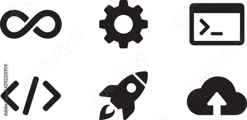Software development icons set minimalist black high contrast flat vector graphic for web interface design isolated on transparent background