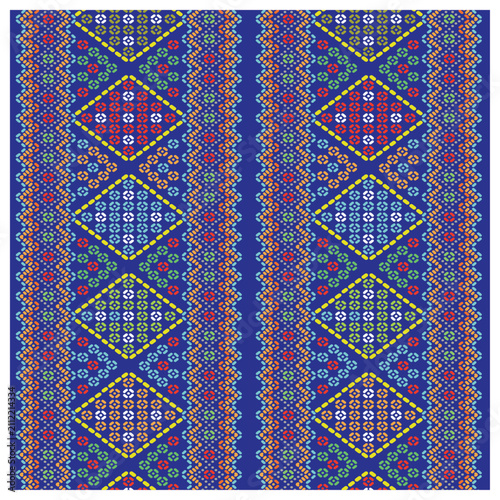 Traditional Geometric Tribal Textile Seamless Pattern with Blue Diamond Motifs and Ethnic Woven Stripes