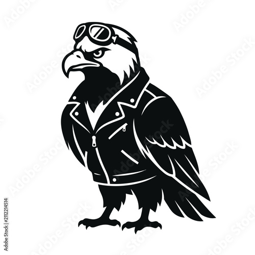 A stylized illustration of a bird wearing a leather jacket and goggles