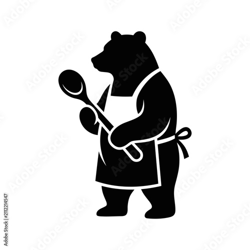 A black silhouette of a standing bear wearing a kitchen apron and holding a wooden spoon