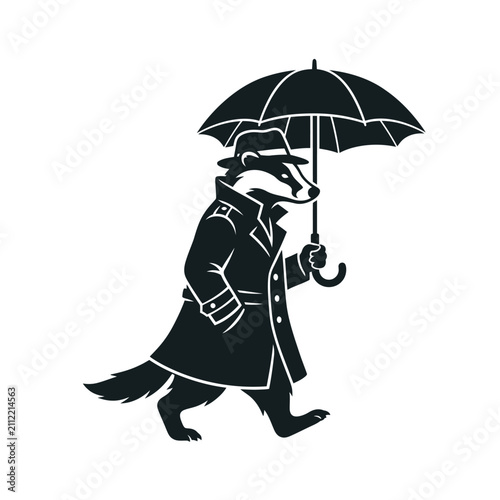 A stylized illustration of a badger wearing a trench coat and holding an umbrella