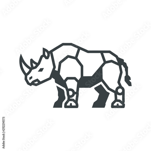 A minimalist graphic illustration of a rhinoceros depicted with clean geometric lines